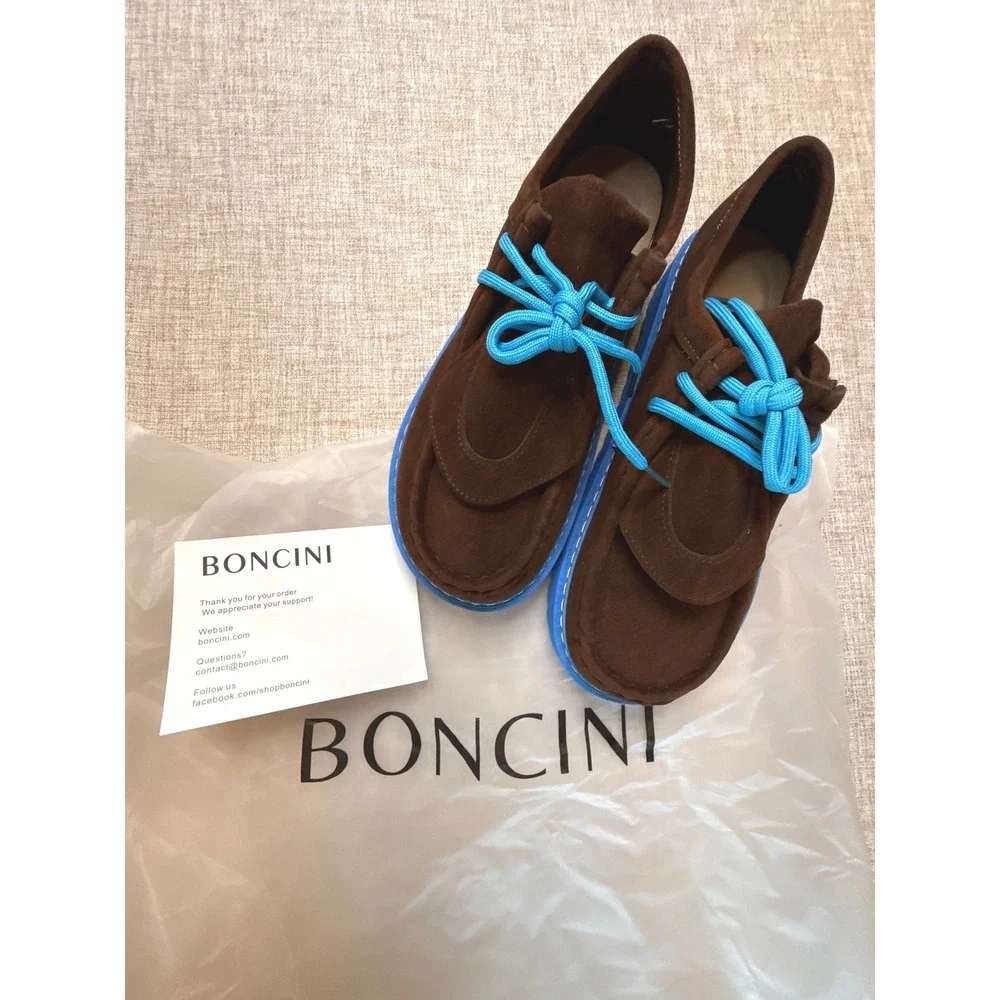 Mens Brown Suede Moccasins Blue Platform Sole Low Top Shoes Size 9.5-10